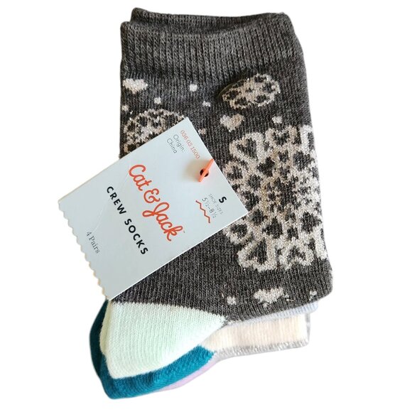 Cat & Jack Christmas Crew Socks 4 pairs Snowflakes Stripes Shoe Size 5.5 - 8.5 S - Picture 1 of 4
